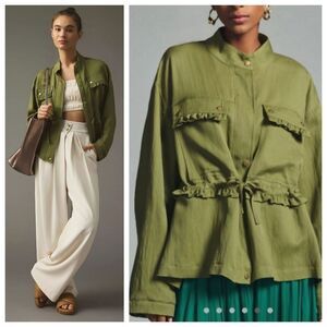 Anthropologie Oversized Green Utility Ruffle Jacket Size Small Medium